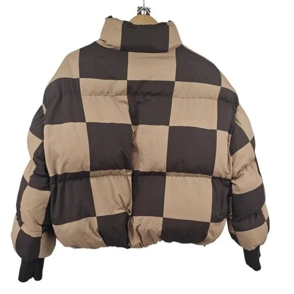 Edikted Checkerboard Puffer Jacket Womens Size S Brown & Beige Zipper Closure - Picture 8 of 9